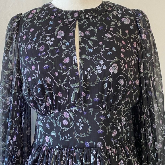 Ted Baker London Women's Dark Floral Mini Dress Small Sheer Ballon Sleeve - Picture 6 of 17